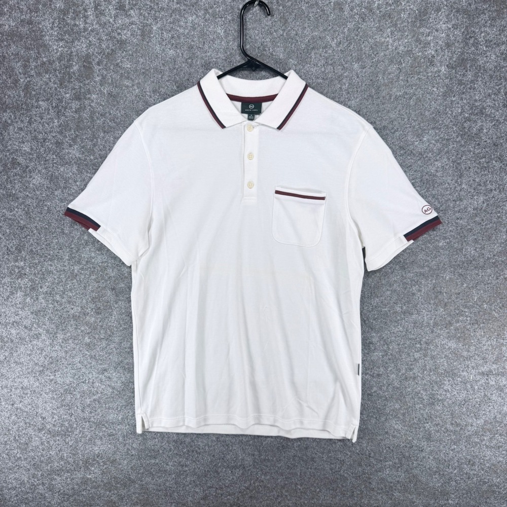 AG Green Label Mens M White Polo Shirt Burgundy Trim Chest Pocket Golf Preppy